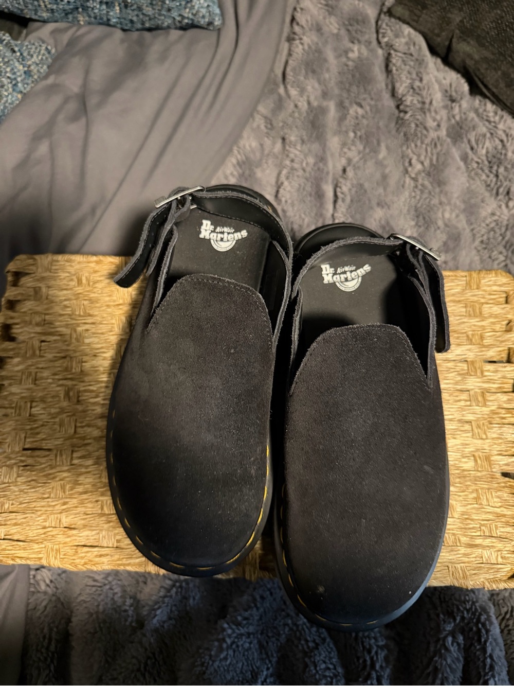 Dr. Martens Black Suede Buckle Clog with Yellow Stitching